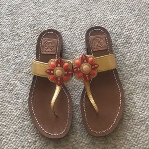 Tory Burch brown sandals w/ gold & orange accents